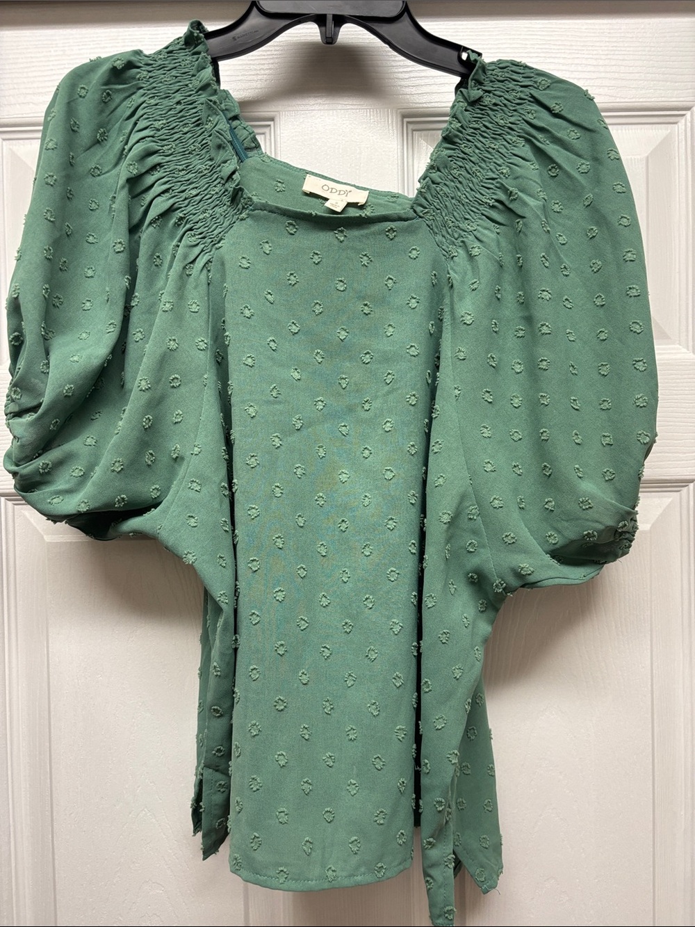 ODDY Sage Green Textured Puff Sleeve Smocked Blouse Small